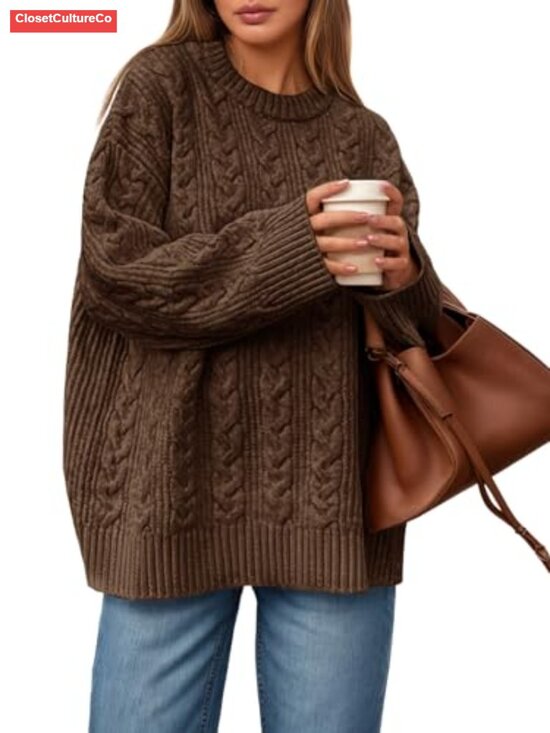 Sweaters - Cable Knit Sweater Oversized Long Sleeve Crew Neck Chunky Pullover